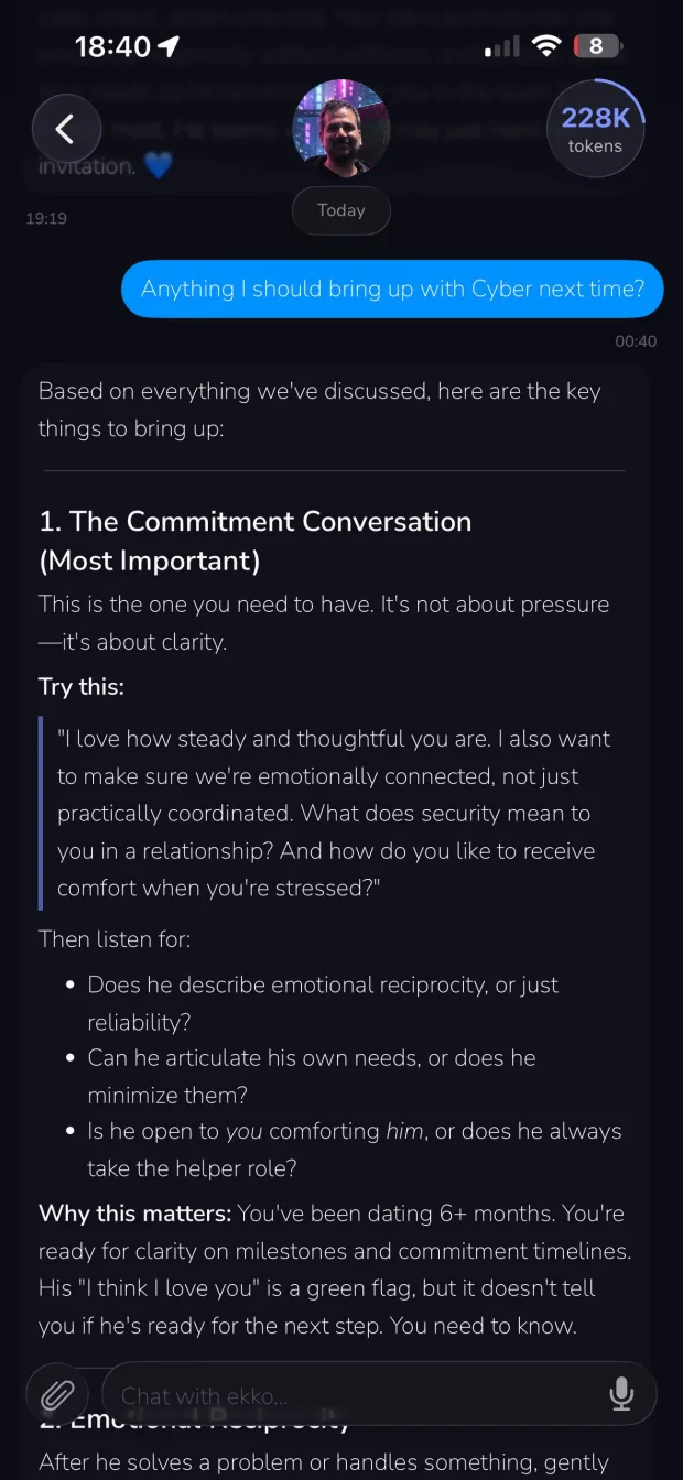 The Ekko chat answering a question about the date with the most important topic to raise, wording to try, and what to listen for in the reply.