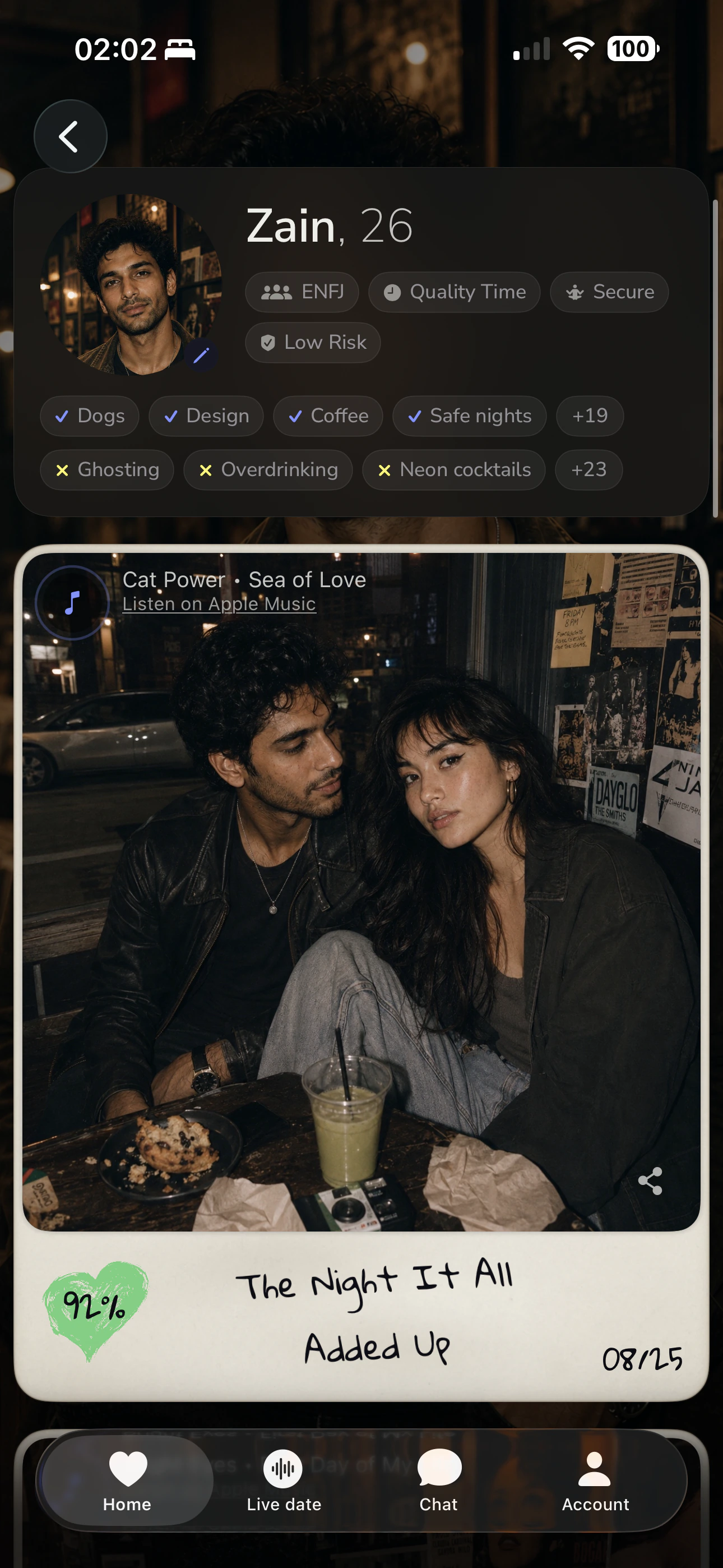 Ekko date memory card for the night, with a song, a photo of the evening, and a 92 percent match.