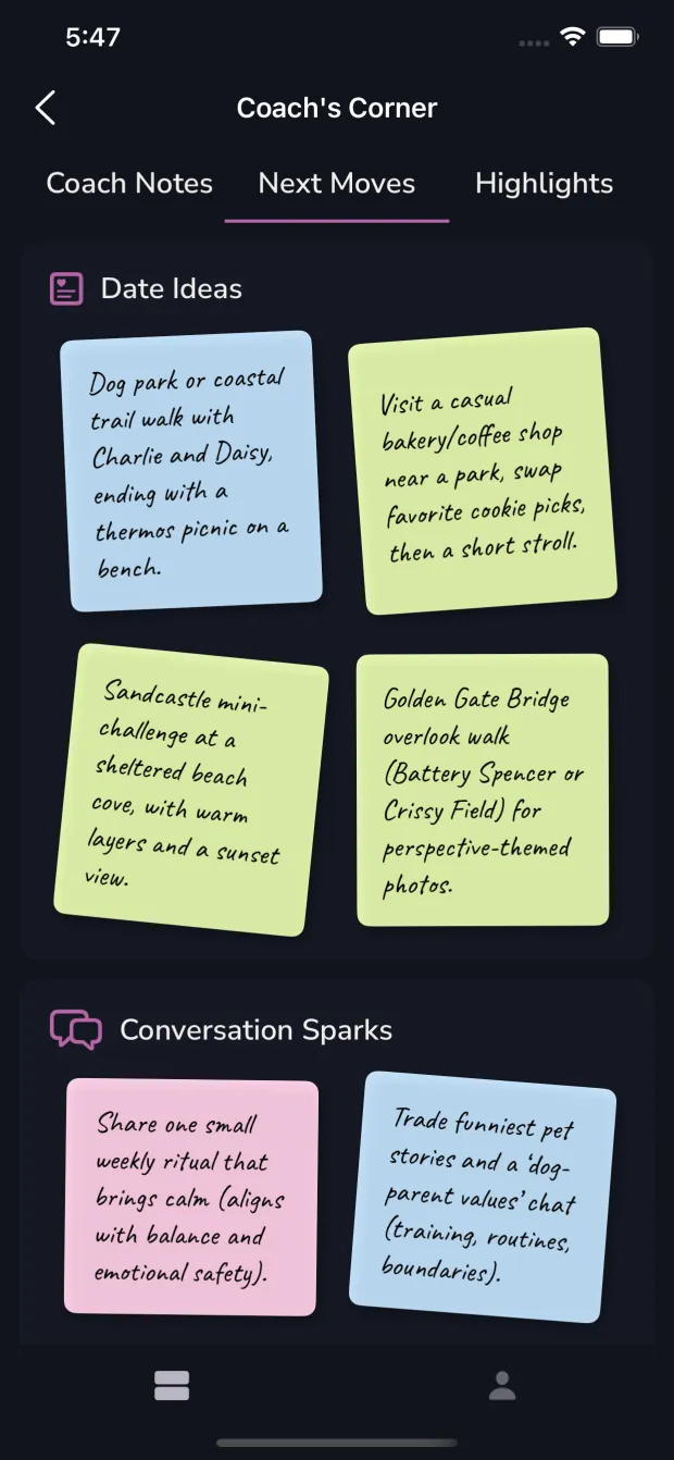 Ekko next moves screen suggesting what to do after the date, with wording to try and what to pay attention to.