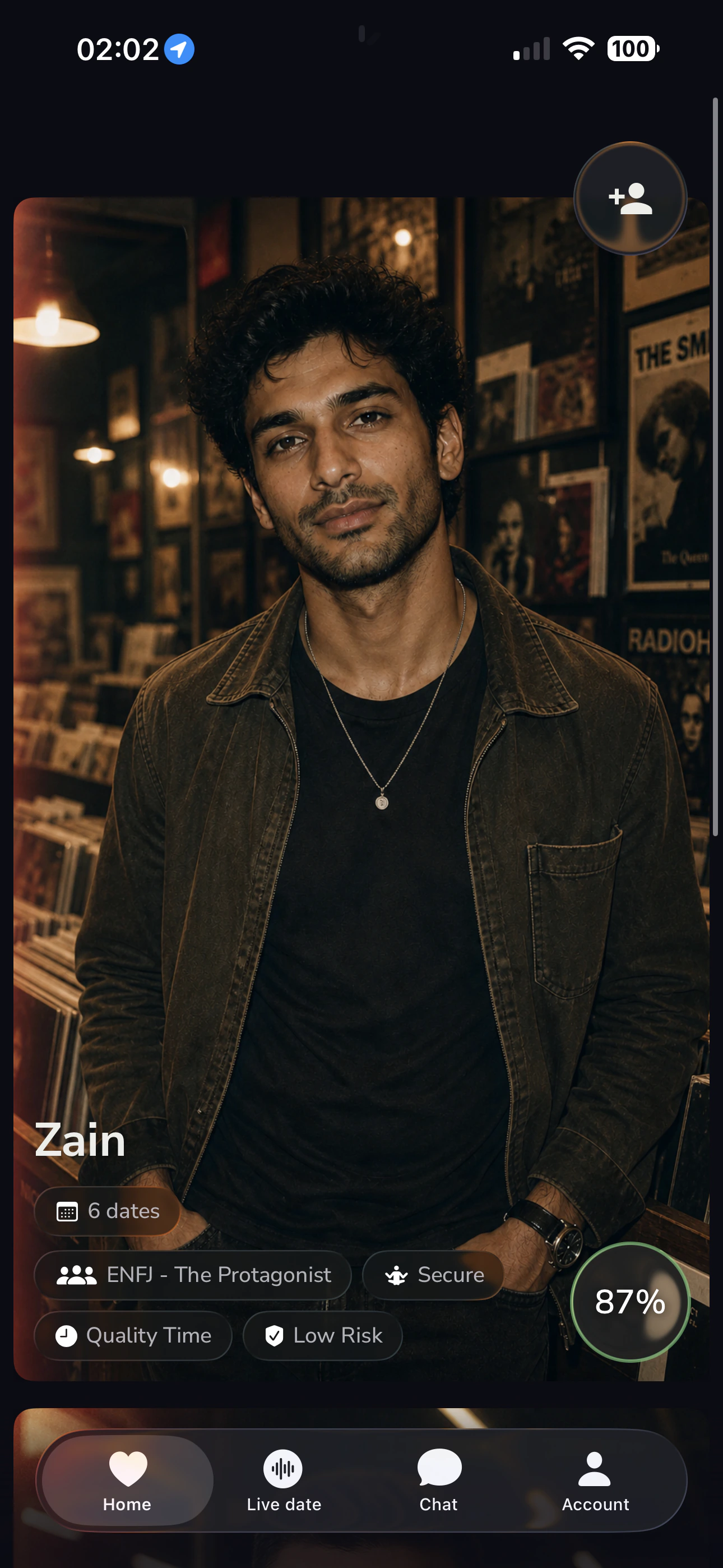 Ekko profile card for Zain after six dates, with personality and attachment tags and an 87 percent match.