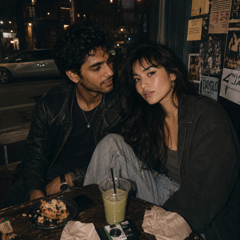 A couple sitting together at a late-night café table.